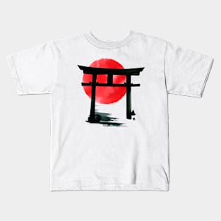 Japanese torii gate sumi e in brush painting Kids T-Shirt